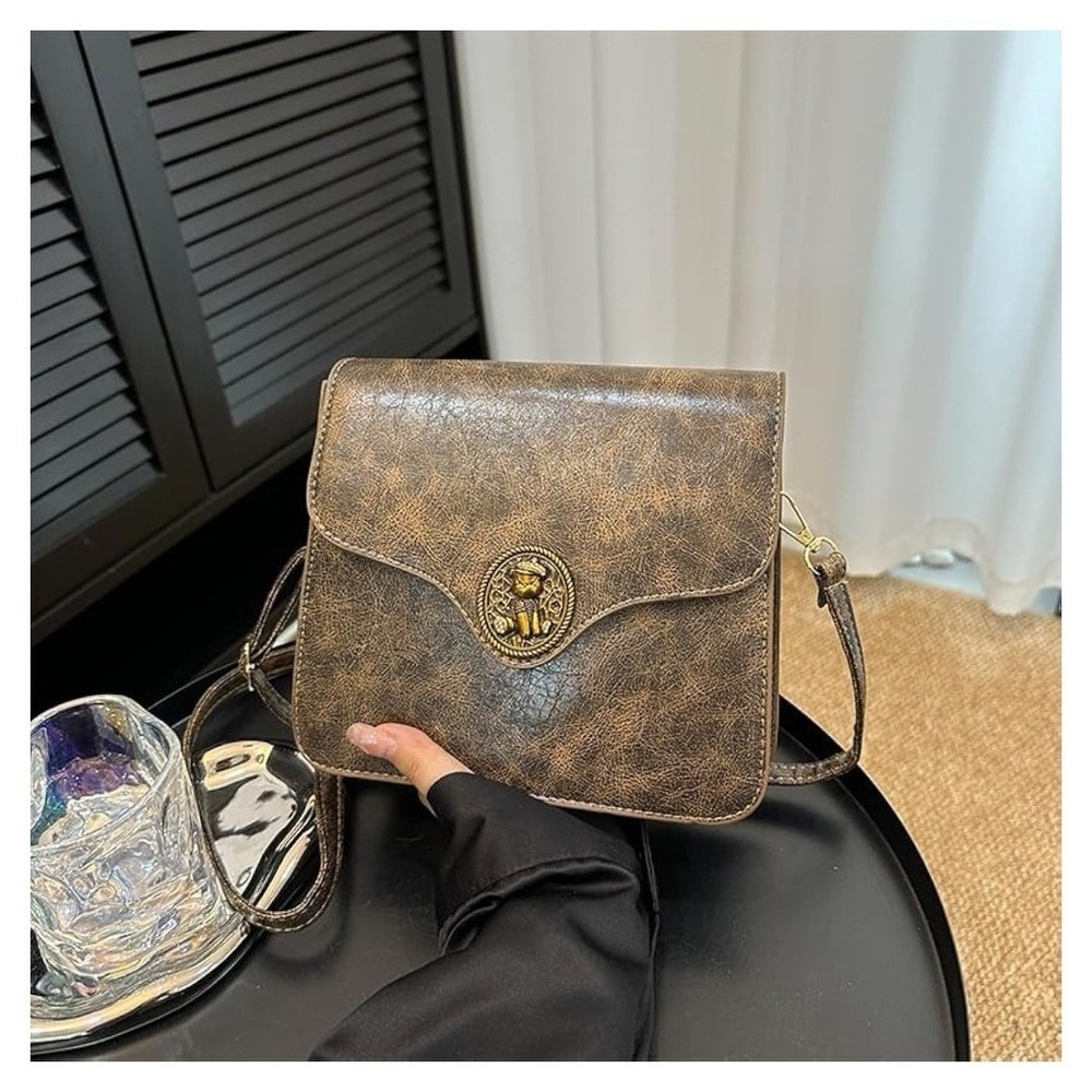 Vintage Style Brown Crossbody Bag Purse with Lion Emblem‎ Flap